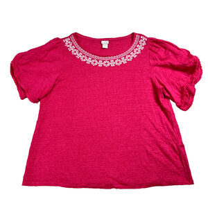 Chicos Tee Womens 3 US XL Pink Linen Knit Top Short Sleeve Pullover Embroidery